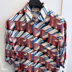 Gucci Silk Camp Shirt (Multicolor Gucci Logo)